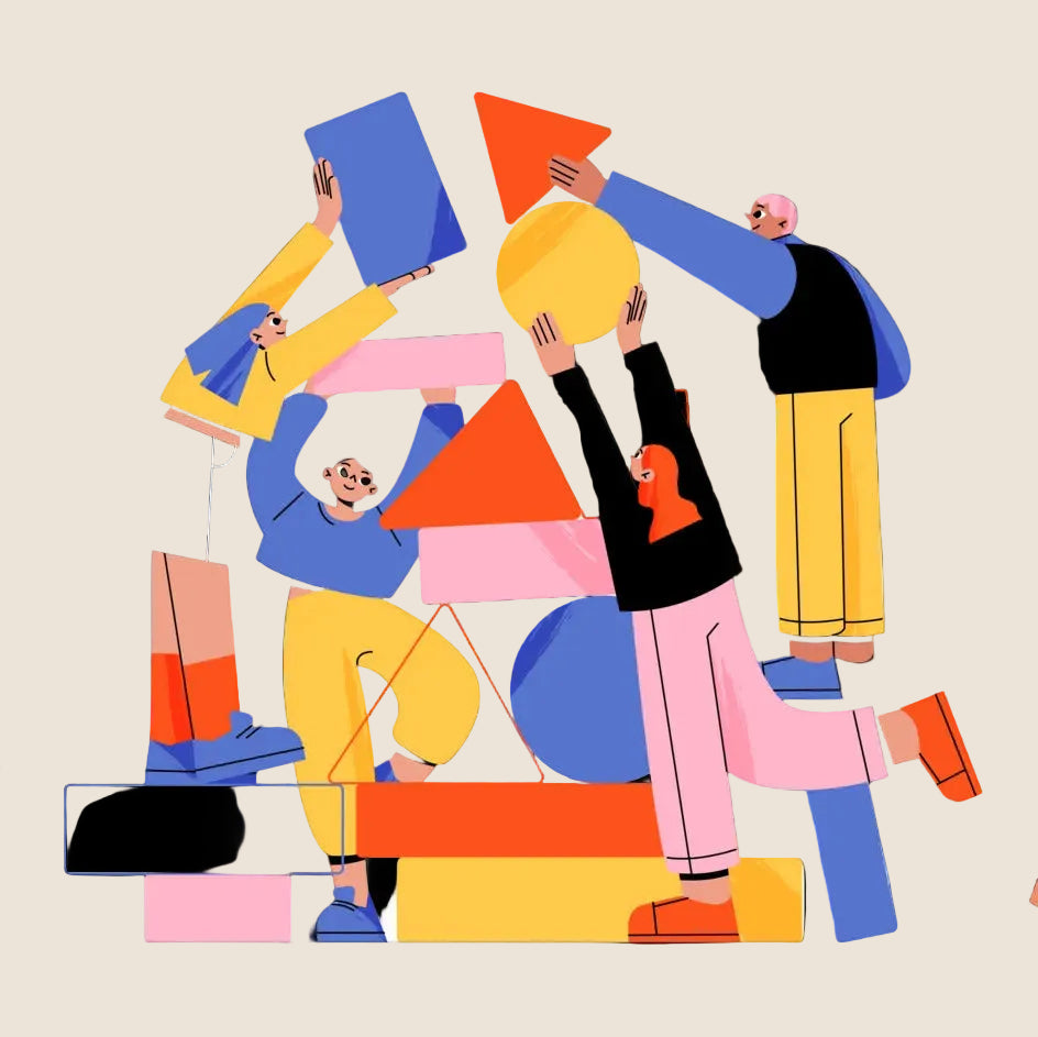 Colorful illustration of people holding geometric shapes on a white background